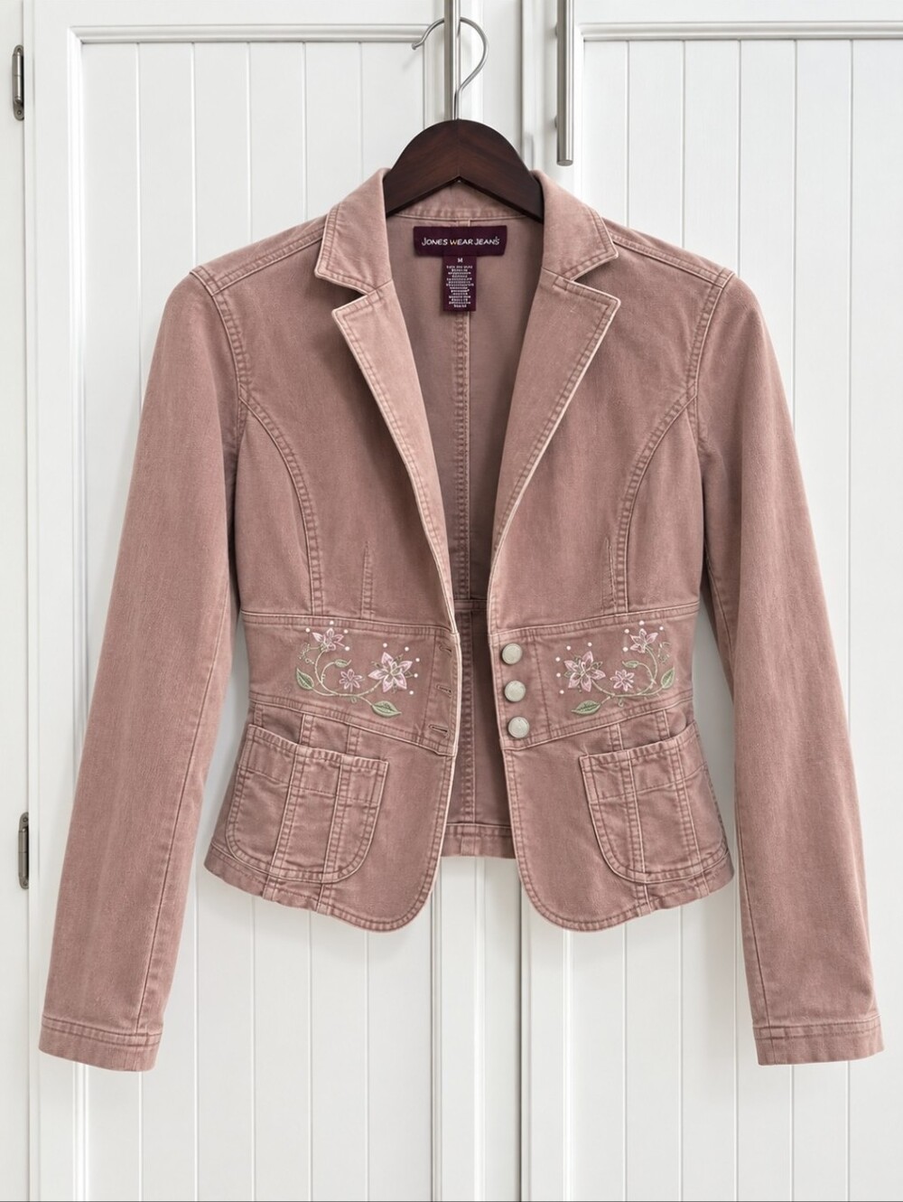 Jones Wear Jeans Women’s Size 6 Pink Floral Embroidered Denim Blazer Y2K